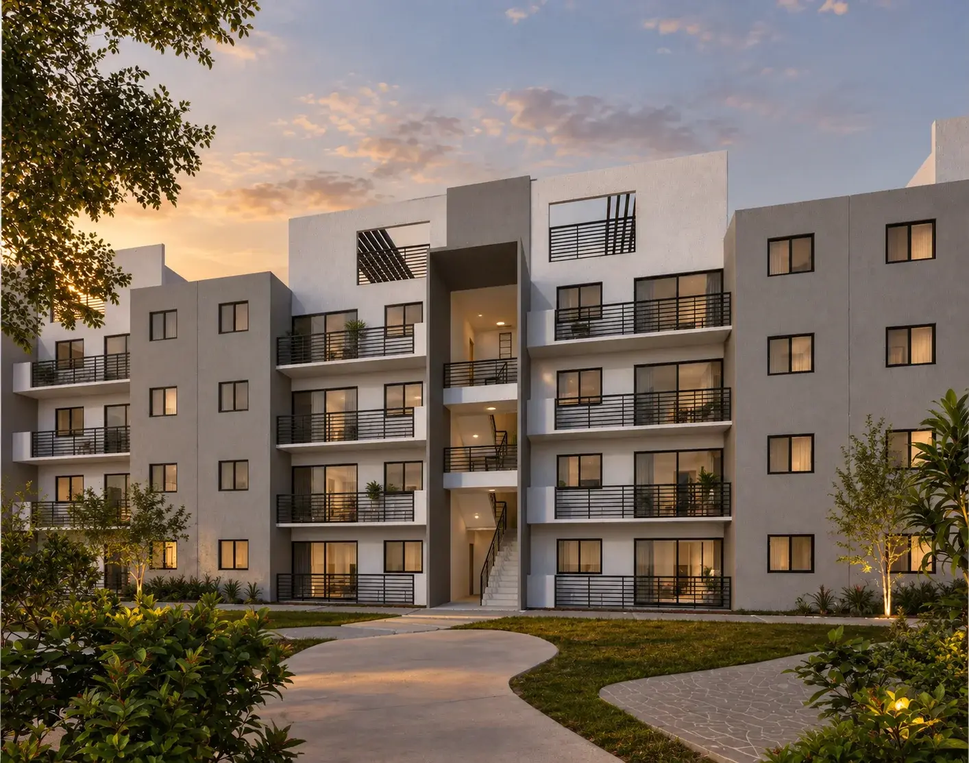 Edificio del departamento Cedro plus en Lirios 2 Residencial al atardecer