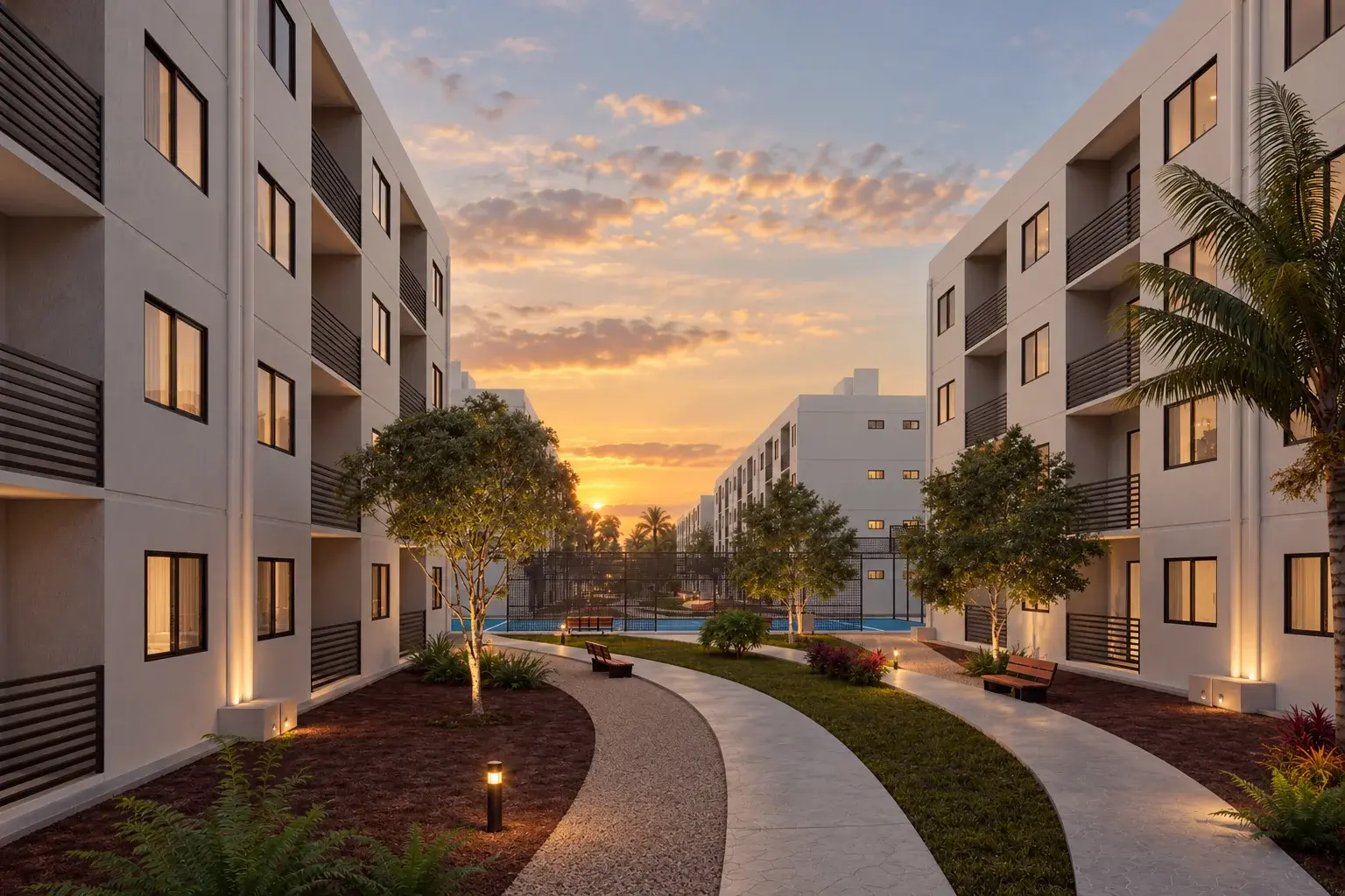 Andadores y áreas comunes de Lirios 2 Residencial al atardecer
